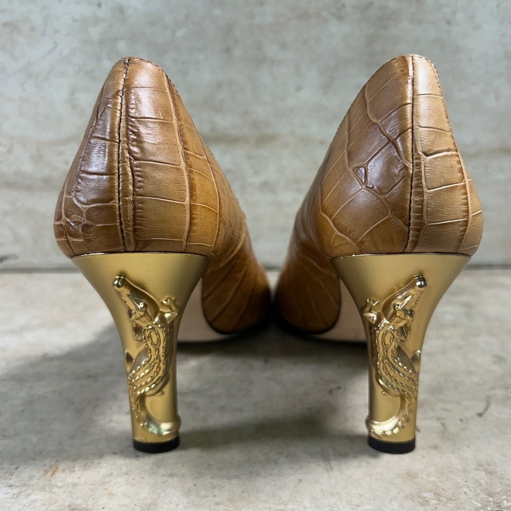 Ramon Tenza Tan Croc Embossed Leather Pumps Gold Crocodile Heel Spain 5.5 M
